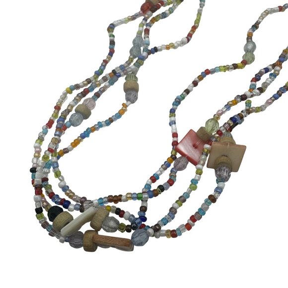 Multicolor Beaded Necklace Four Strand Glass Wood Shell Beads Lobster Clasp - Picture 3 of 5